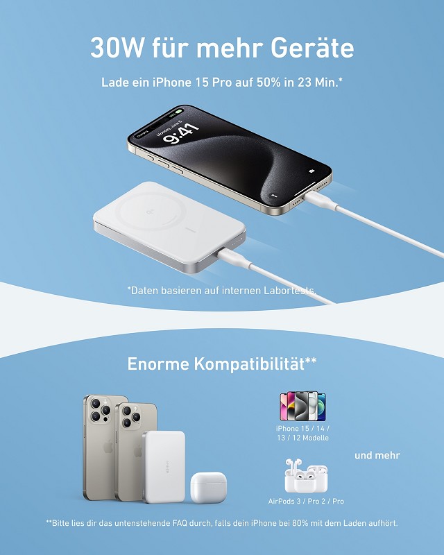 Anker MagGo weiß | Powerbank | Kabelloses Laden mit 15W 
